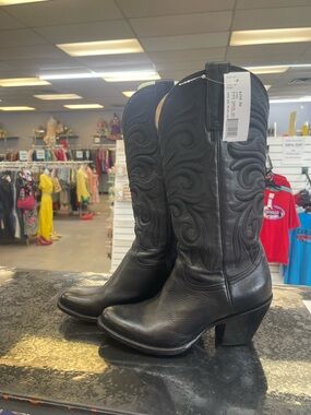 Lucchese Black Leather Embroidered Western Heeled Boots